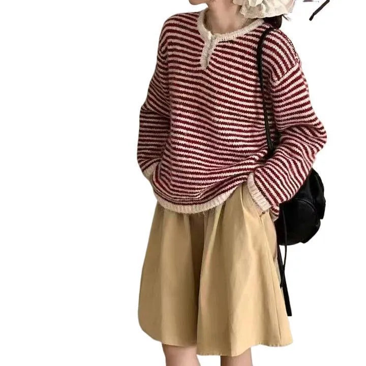 Retro striped cashmere sweater for women in free size pullover style