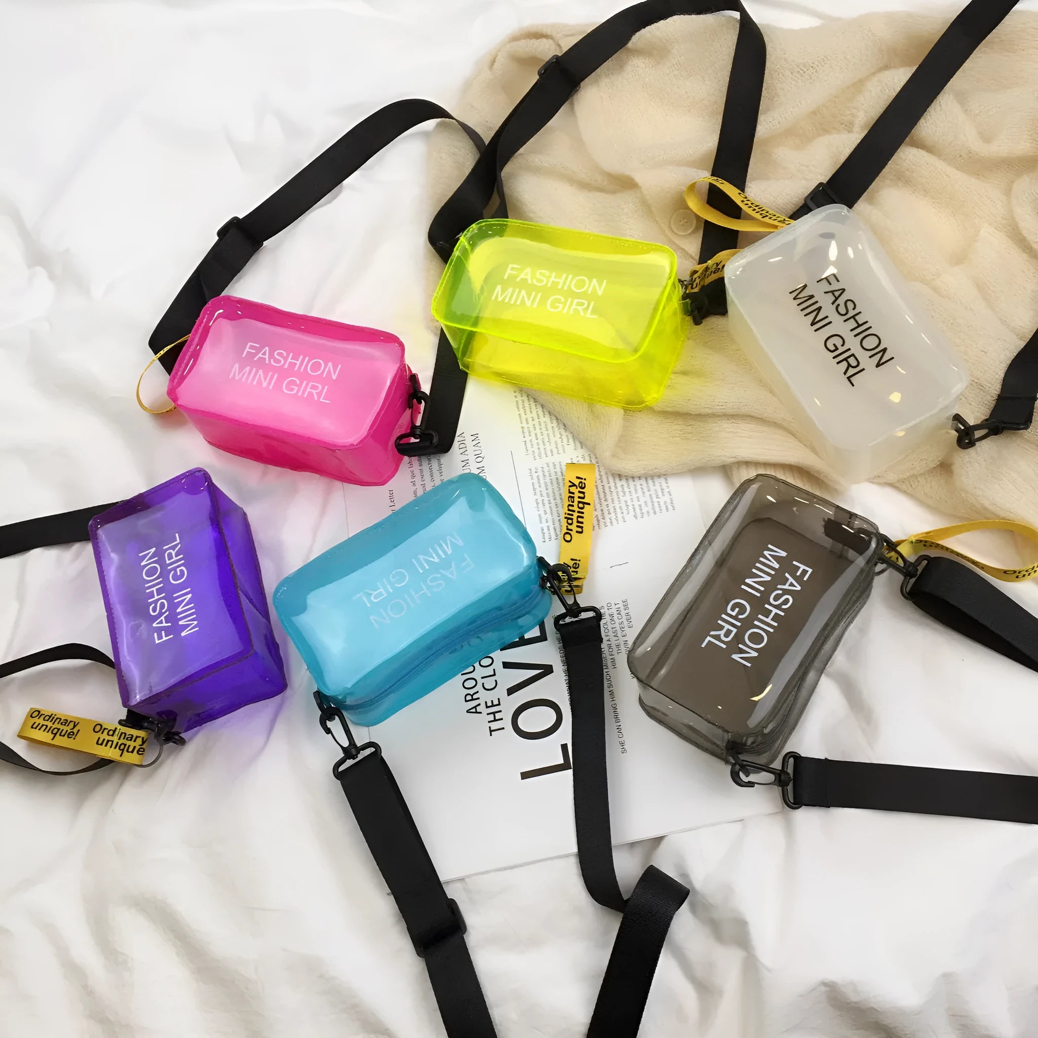 Transparent square jelly crossbody bag with adjustable strap in various colour options