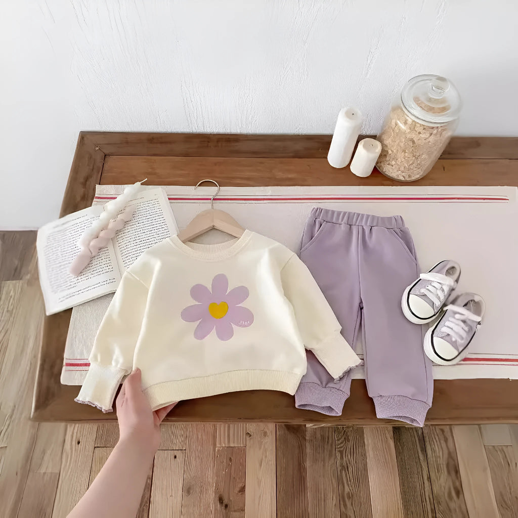 infant two-piece set cute flower sweatshirt and sweatpants baby girl suit purple cotton
