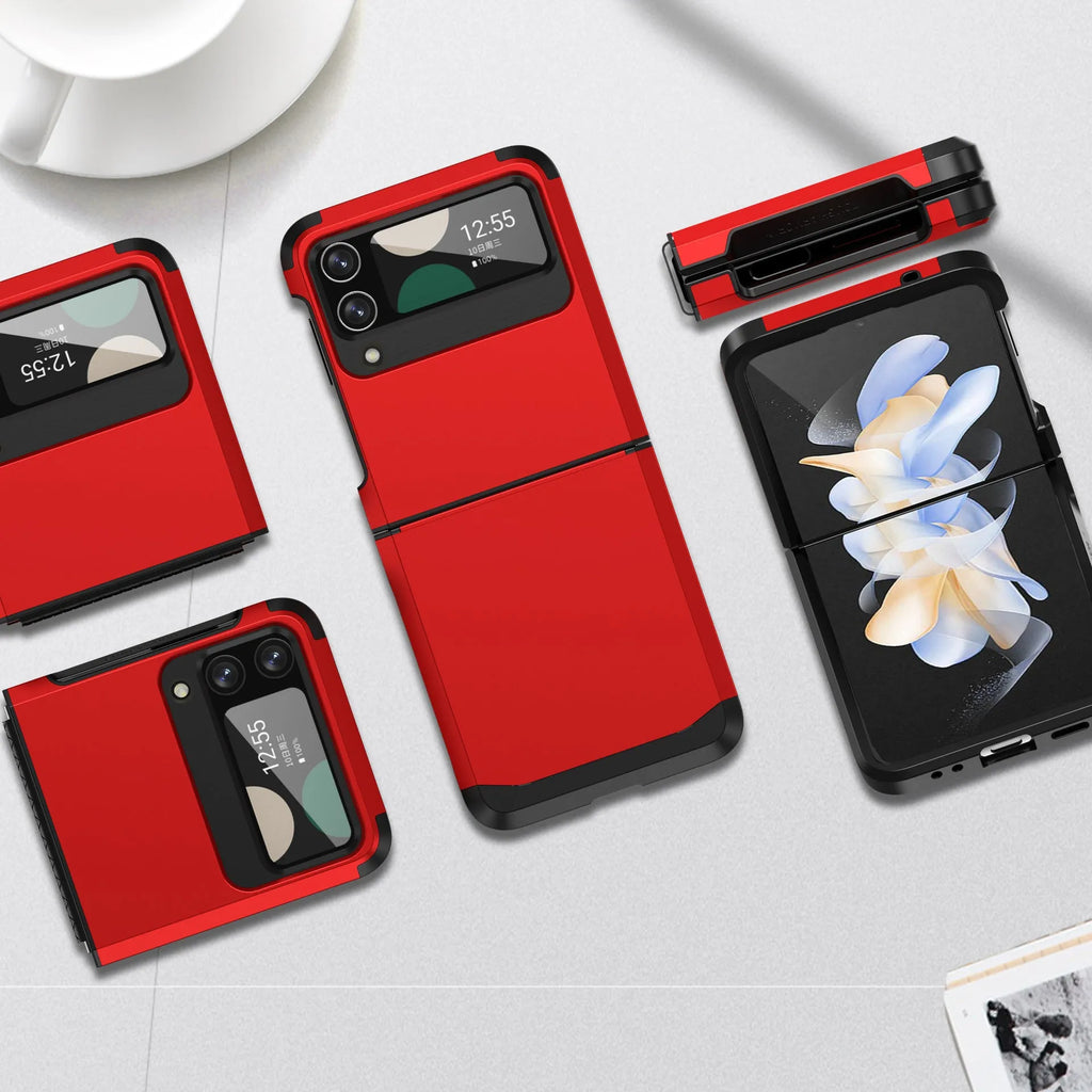 Armour hinge integrated hard PC protective case for Samsung Z Flip showing hinge coverage and contrast colour finish.
