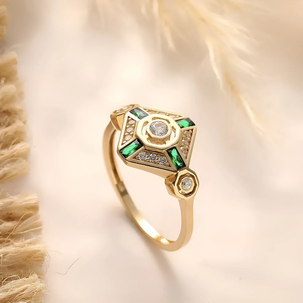 Square geometric emerald diamond ring for women in lvzuan colour with electroplated finish
