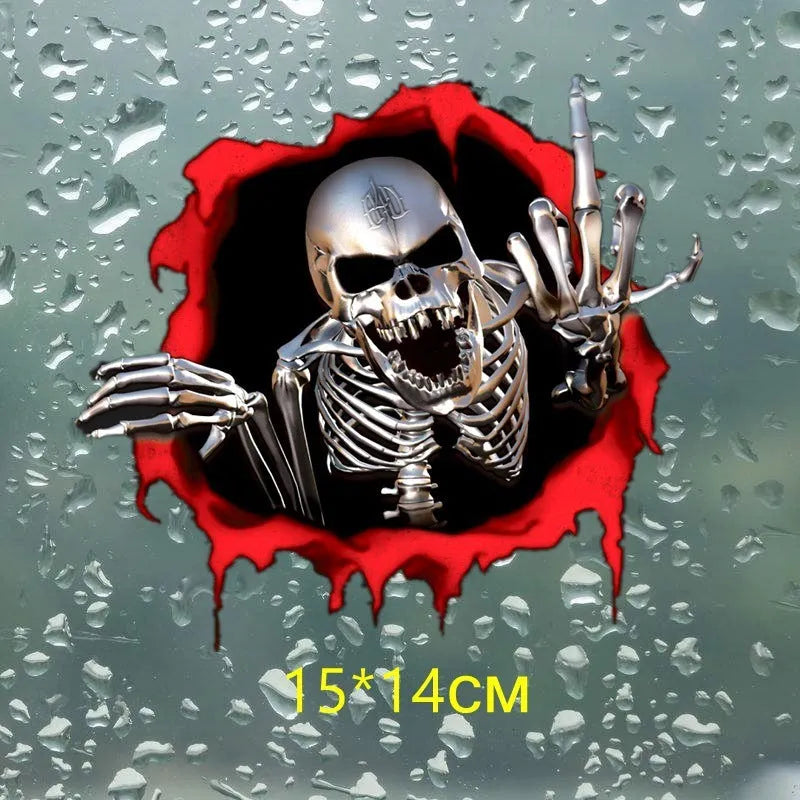 Reflective metal skull car sticker with colourful broken shell design measuring 15x14cm