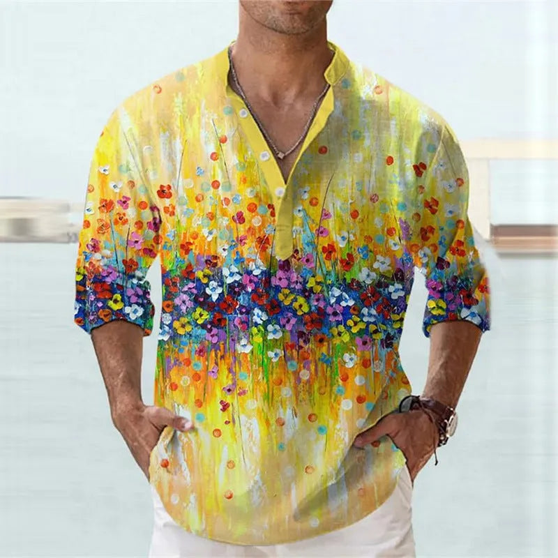 British style short sleeve shirt with stripe pattern from 3D digital thermal transfer printing on bamboo hemp fabric.