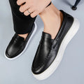 British style men's casual leather shoes in artificial PU with round toe, shown in white, black and white, and khaki colours