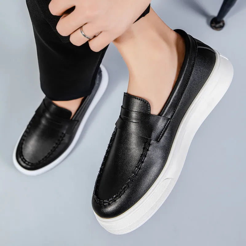 British style men's casual leather shoes in artificial PU with round toe, shown in white, black and white, and khaki colours