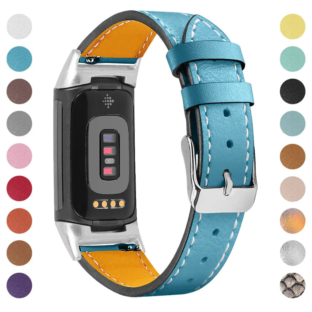 Genuine cowhide leather replacement watch strap for Fitbit Charge 5 and Charge 6 smartwatches.