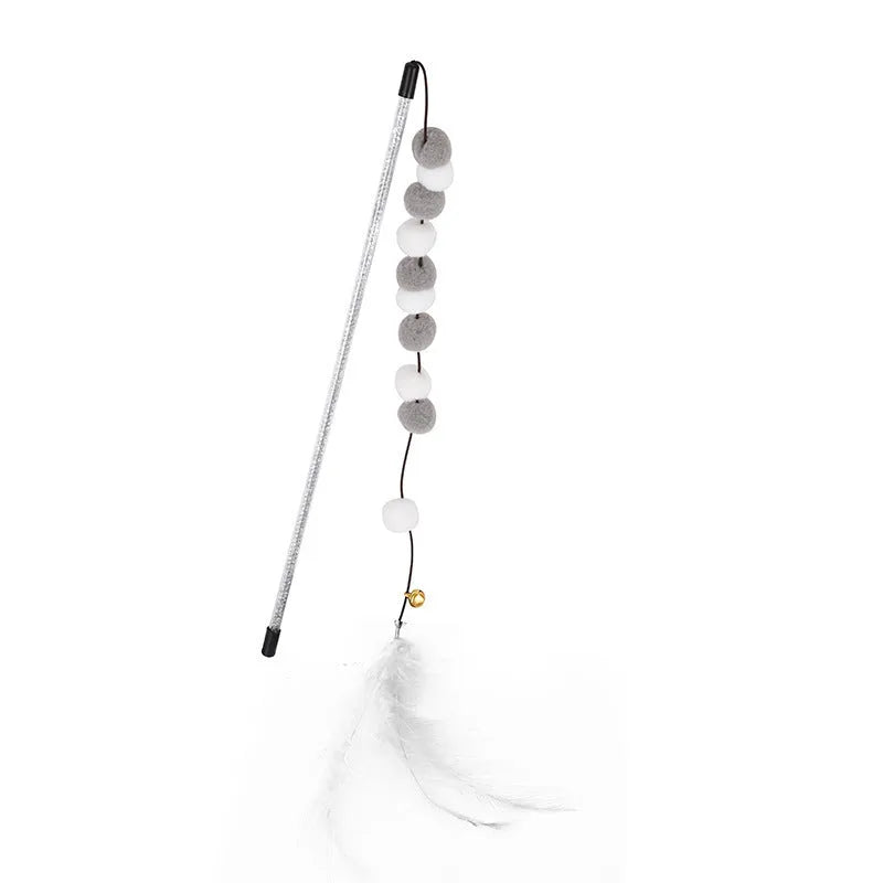 Blue cat teaser stick toy with a bell and a grey pompon feather, shown at approximate 31cm length.