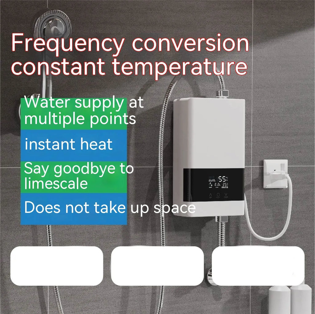 Quick-heating water heater unit with LED touch screen display in silver finish