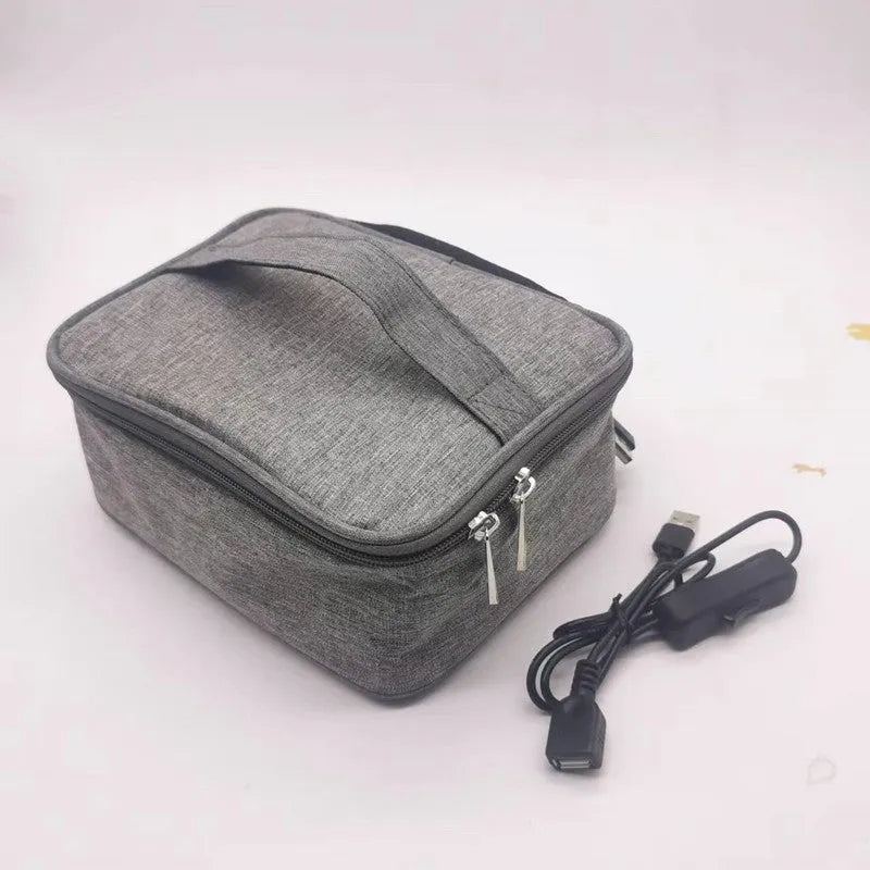 USB heating lunch bag in black Oxford cloth with power cord and thermal interior