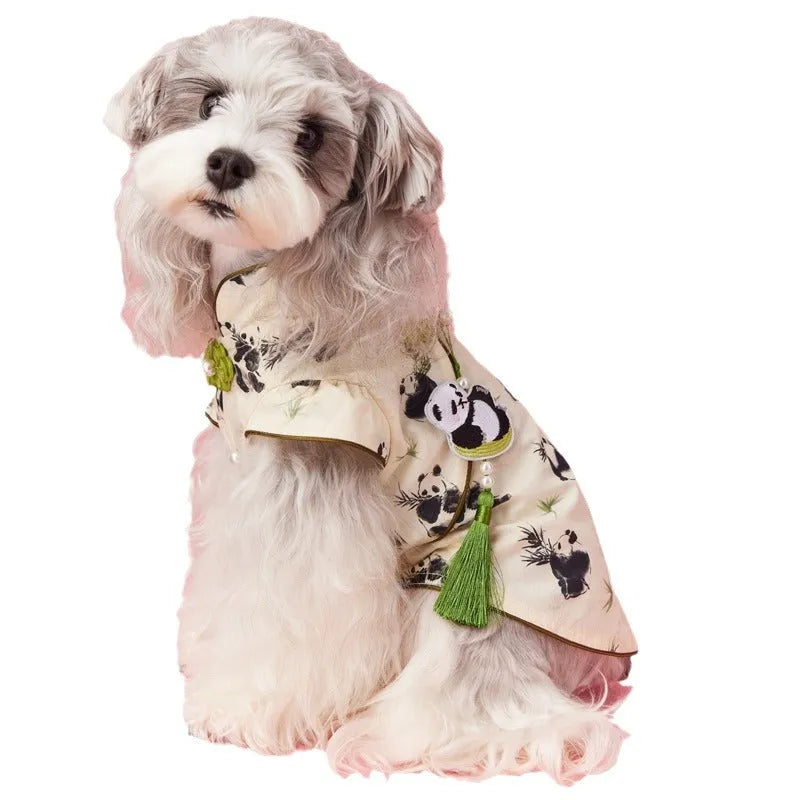 Chinese style sleeveless panda vest for small dog, polyester pet clothing with pendant