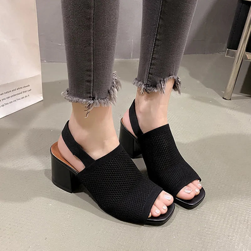 Women's chunky heel sandals in black woven mesh with square toe and rubber sole