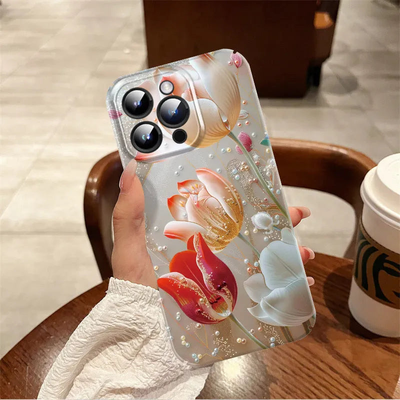 Pearl Flower glass phone case with thin hole film shell for iPhone in shockproof anti-fall design