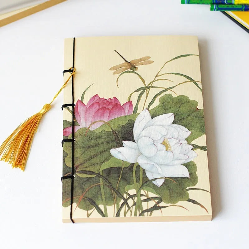 A5 antique wire-bound notebook with retro painting cover, wax rope binding, and tassels