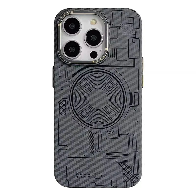 PC magnetic charging shockproof phone case with carbon fibre grain for iPhone 12 to 16 series in Graphite Black