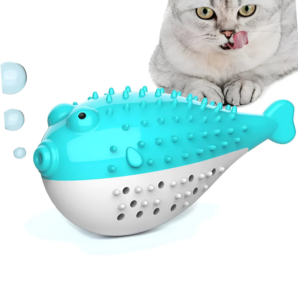 Blue silicone fish-shaped cat chew toy with measurements showing 12.2 cm length
