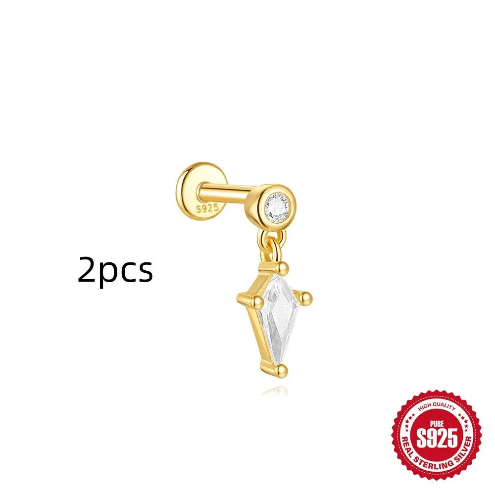 S925 sterling silver geometric kite earring with rhinestones and a chain tassel in a gold colour.
