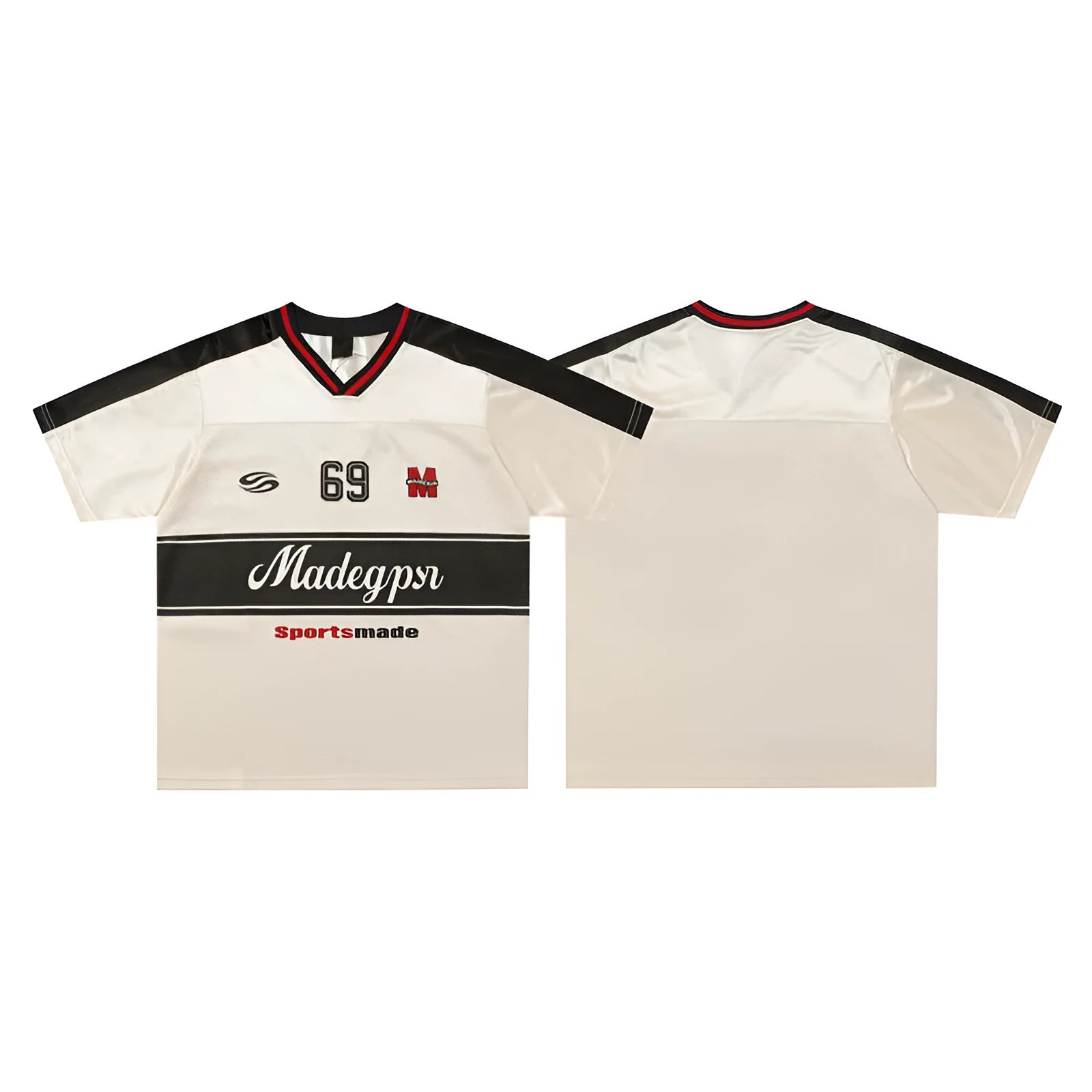 Apricot coloured V-neck sports jersey tops with drop-shoulder sleeves and letter pattern design
