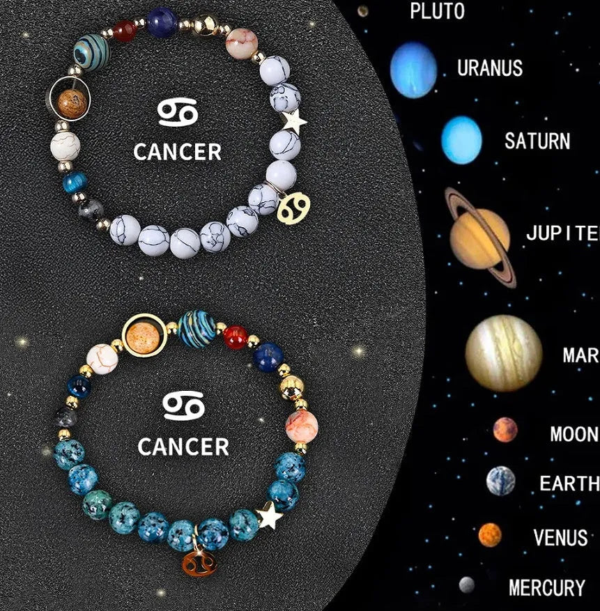 Set of twelve natural stone bead zodiac bracelets showing different star sign designs with adjustable strings