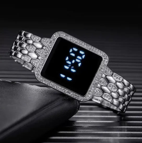 Large digital waterproof steel band watch with square dial for elderly users