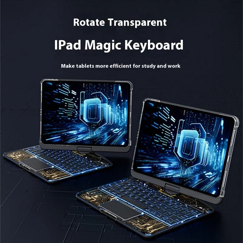 360 swivel keyboard clear case for iPad with transparent backplate and telescopic pen slot