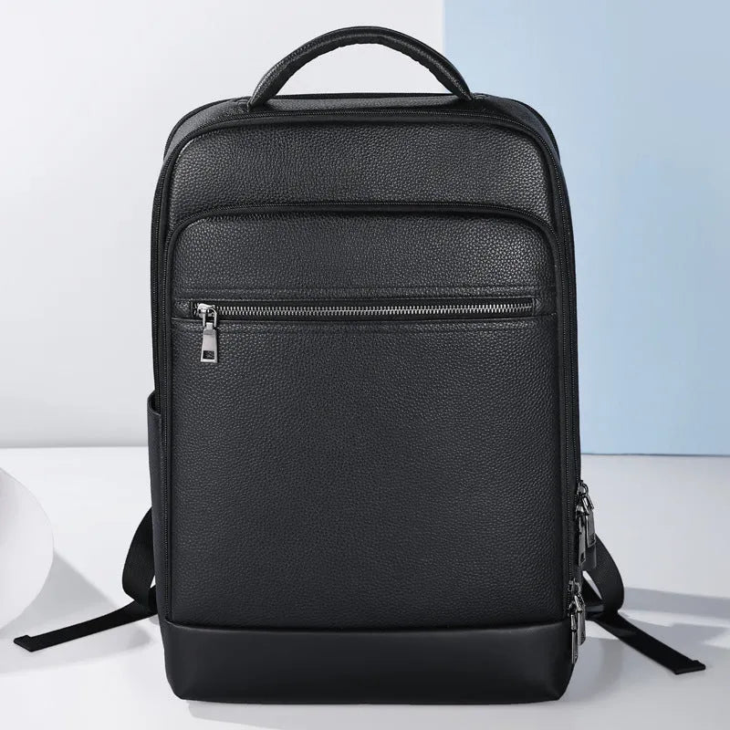 Black genuine leather men's business laptop backpack with curved shoulder straps