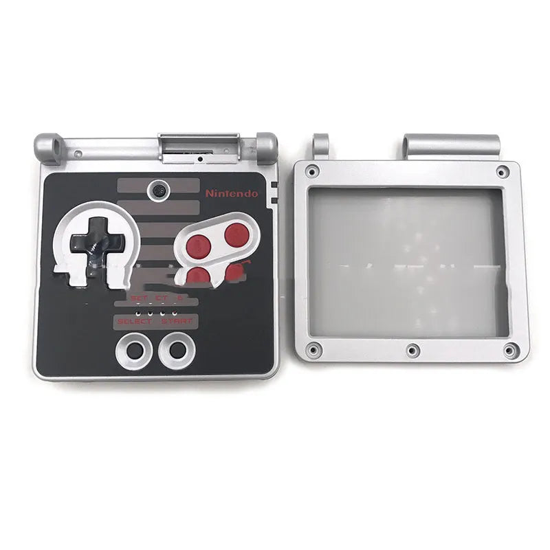 Transparent NES style replacement shell for Nintendo Game Boy Advance SP console showing grey colour and internal circuit board visible