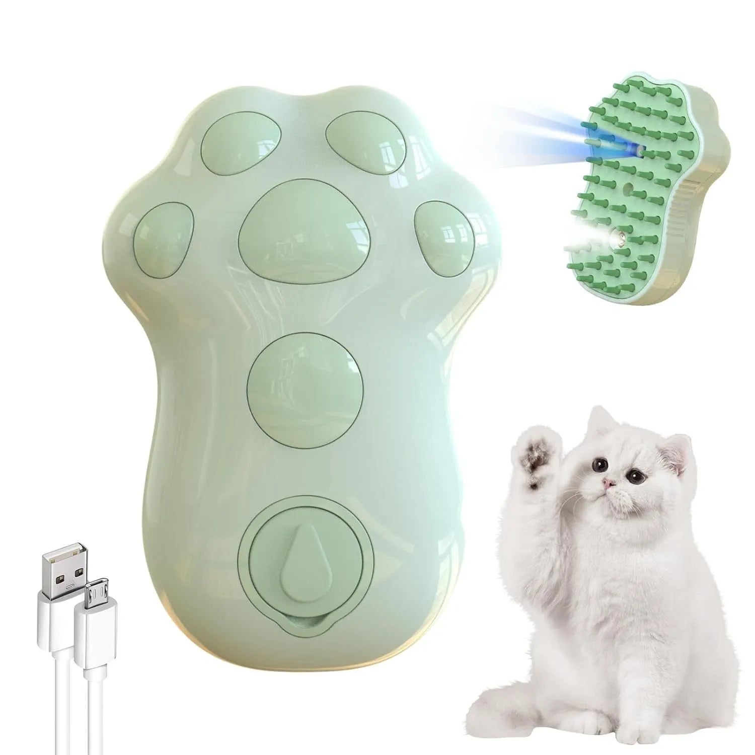 Blue self-cleaning cat grooming brush with silicone bristles and steam spray function on a pink background.