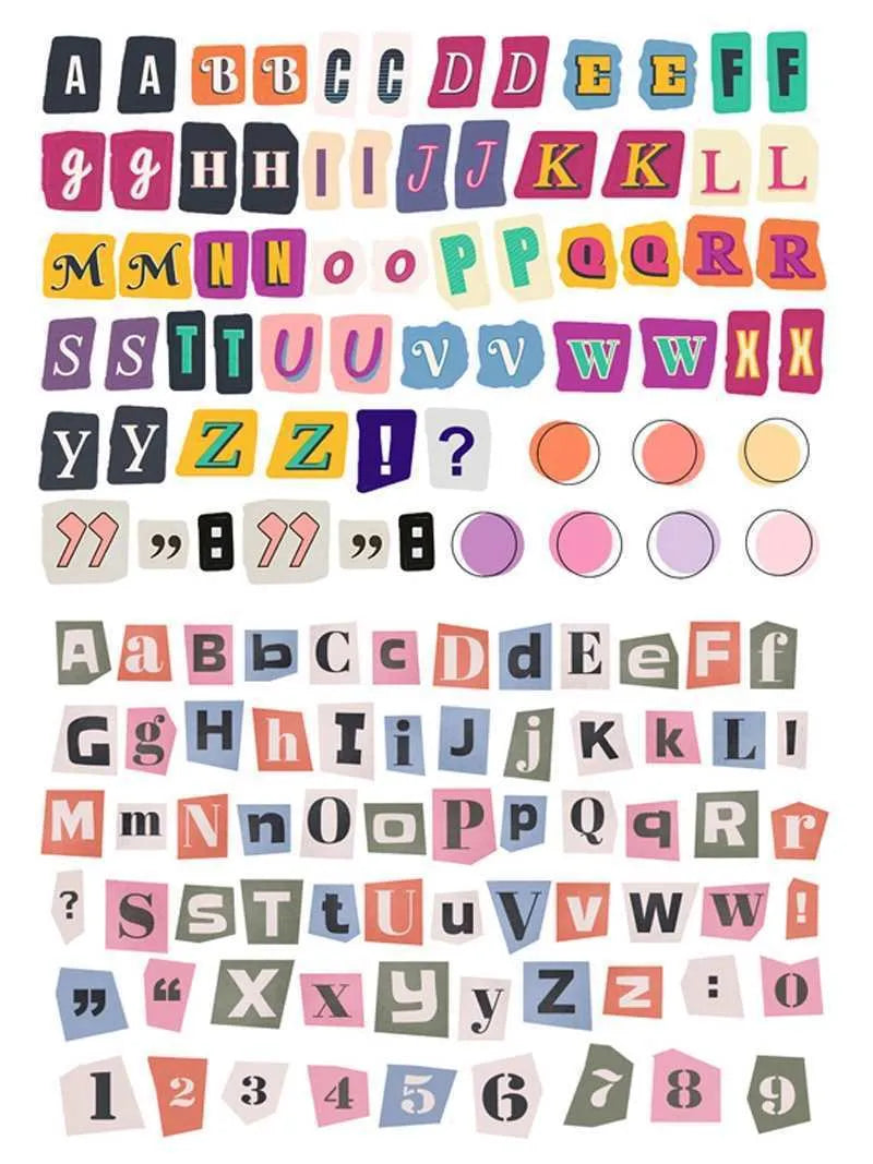 Set of printed cute-style stickers showing English letters A, B, C, D, E, numbers, symbols, and weekly words on a sheet.