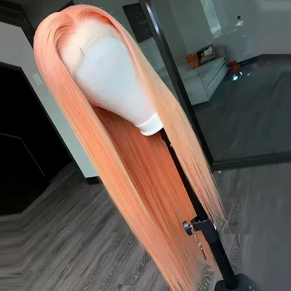 Light orange long straight front lace wig on a mannequin head, showing side bangs.