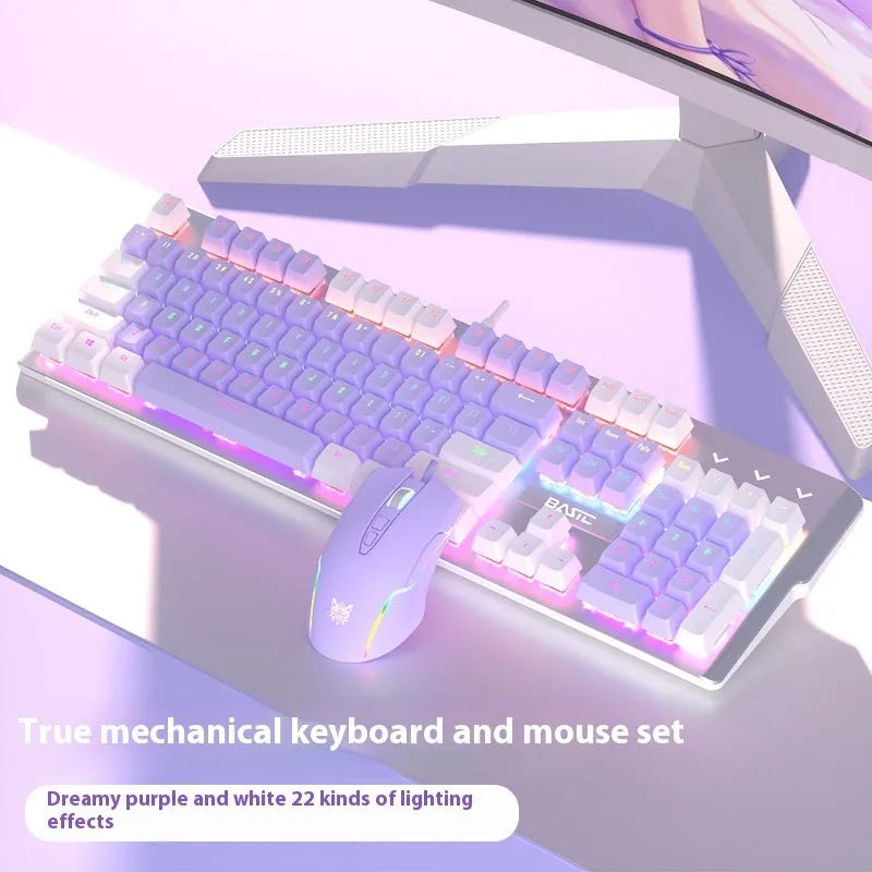 Purple and white mechanical keyboard, gaming mouse, and headset combo set with backlight on desk