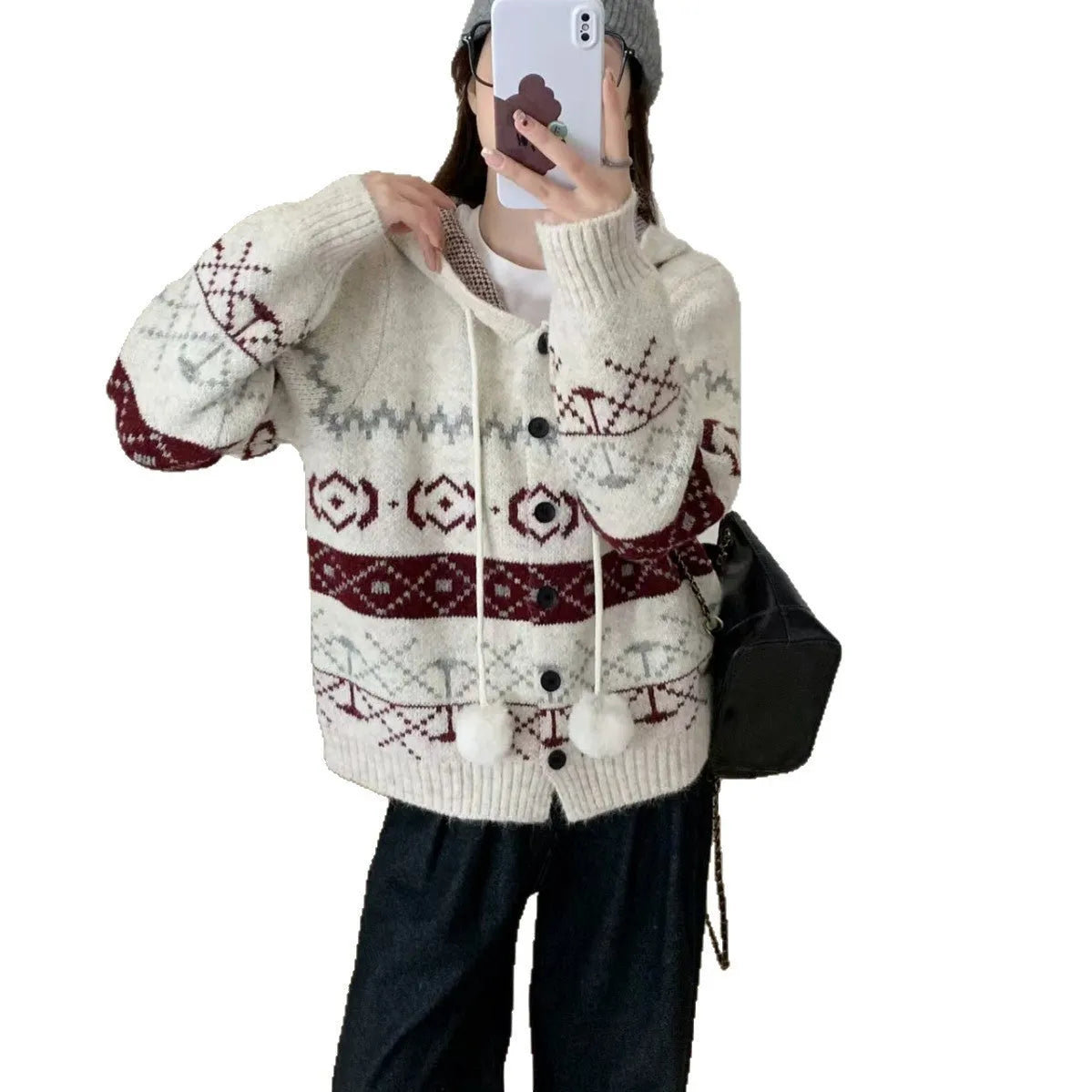 Plus size women's brocade sweater coat with geometric pattern in beige colour