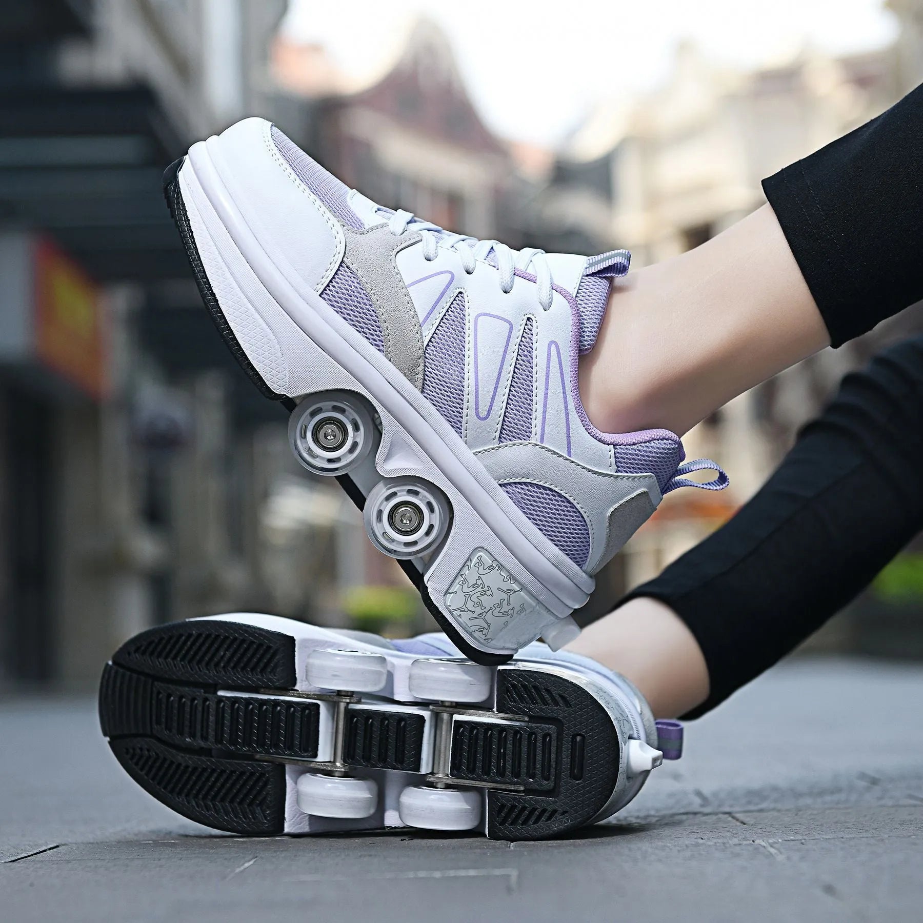 Four Wheel Rampage roller skates with seven-colour breathing light, double-row PU wheels, grape purple colour variant