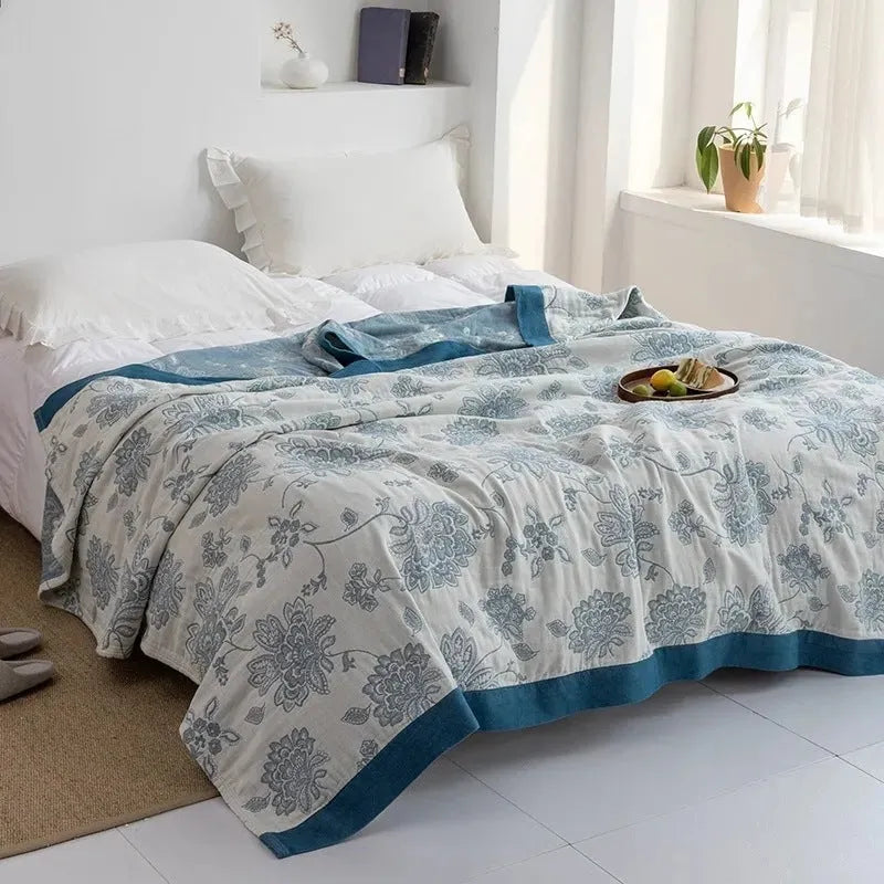 Roulette wheel blue pattern five-layer pure cotton gauze bed sheet blanket showing modern simplicity design
