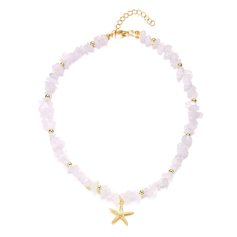 Small gravel starfish pendant necklace choker in pink and white alloy with stone inlay, bohemian geometric style for women