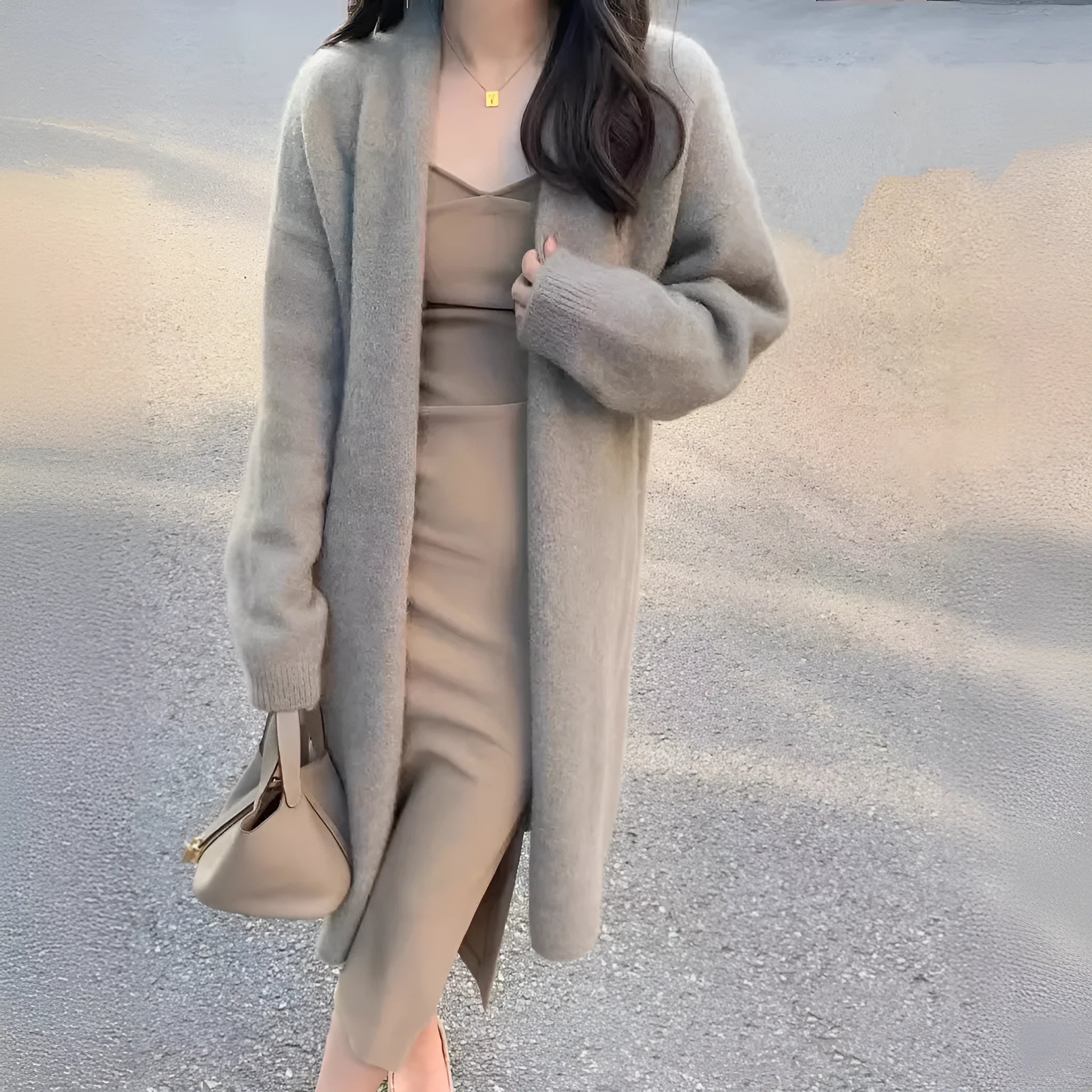 Women's knitted cardigan coat with V-neck and 65cm mid-length design in five colour options