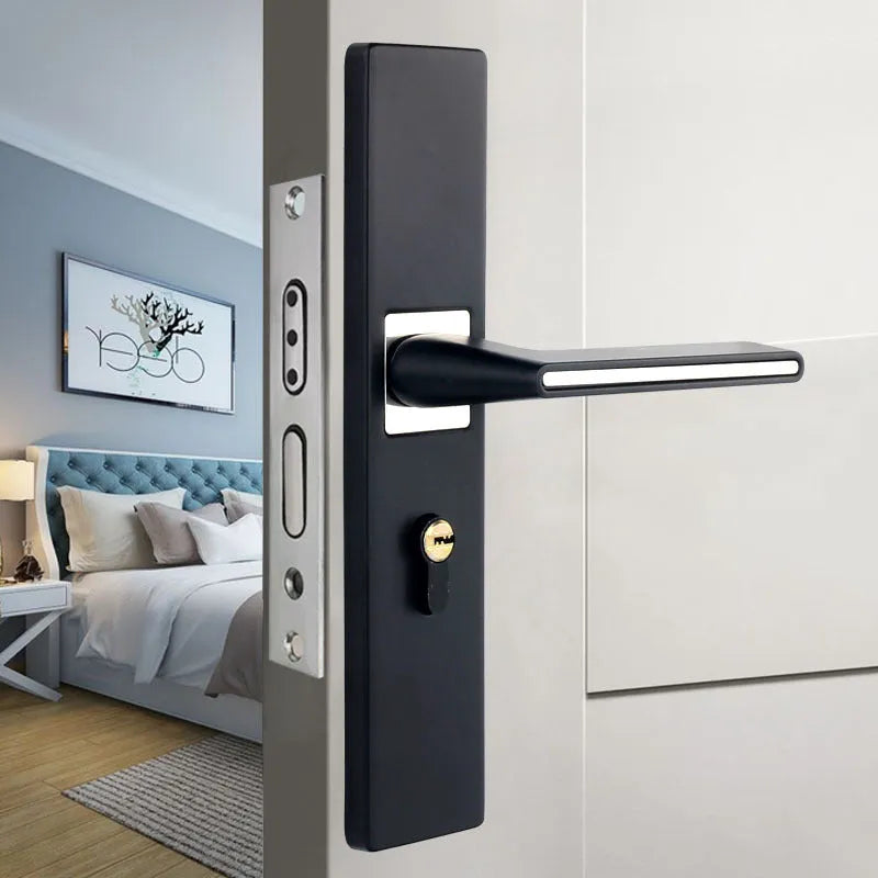 Aluminium split magnetic door lock handle for timber doors in black and silver finish.