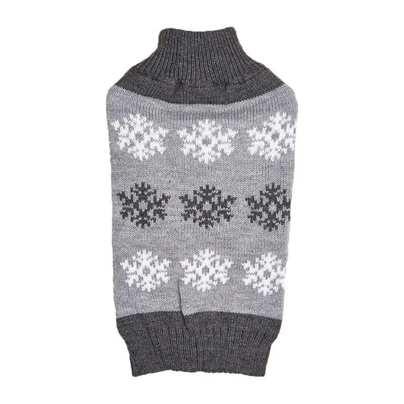 Grey and dark brown acrylic dog Christmas sweater shown in multiple sizes for festive pet wear