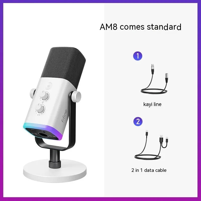 Dynamic noise reduction microphone in black, pink, or white with XLR cable, data cable, and desk base