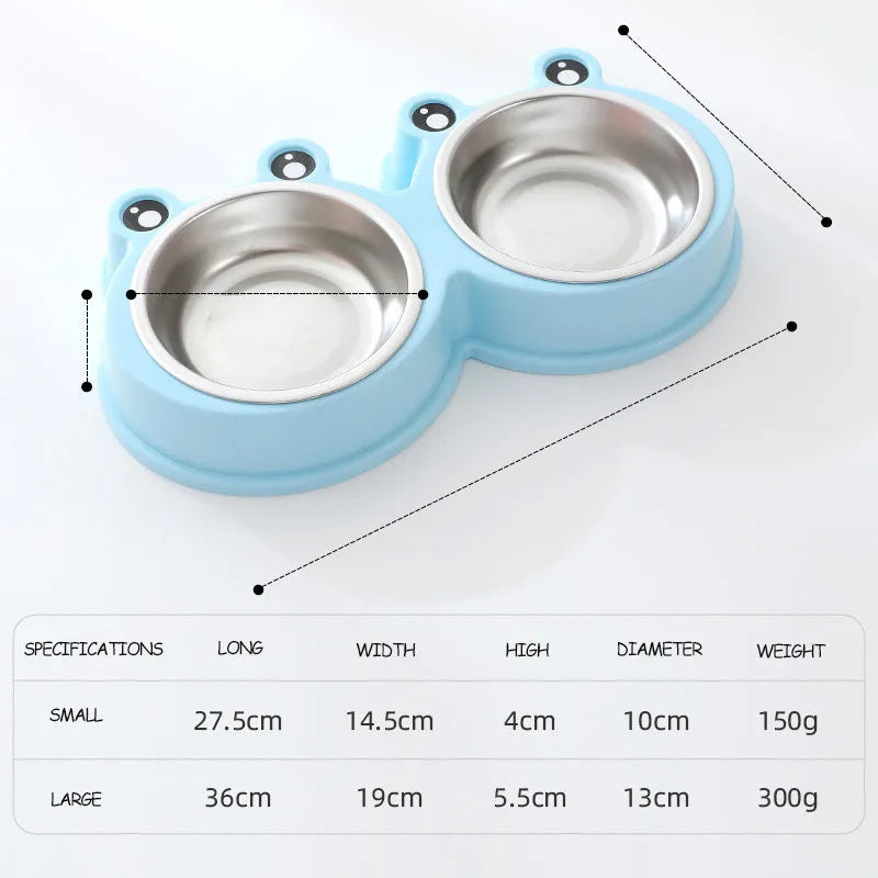 Frog-shaped plastic holder containing two stainless steel pet bowls for food and water.