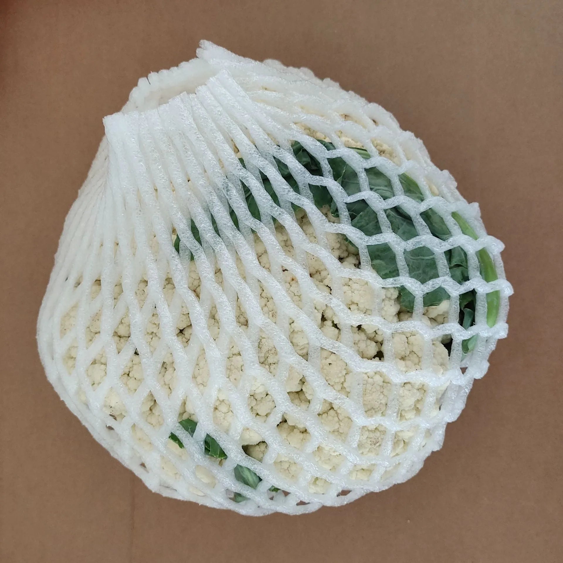 White foam mesh net protective cover for fruit, shown with size options from 6x5cm to 18x7cm.