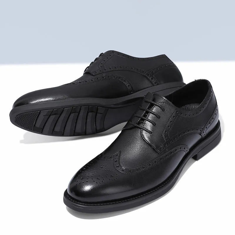 Men's black and brown brogue leather shoes with classic perforated toe design for business wear