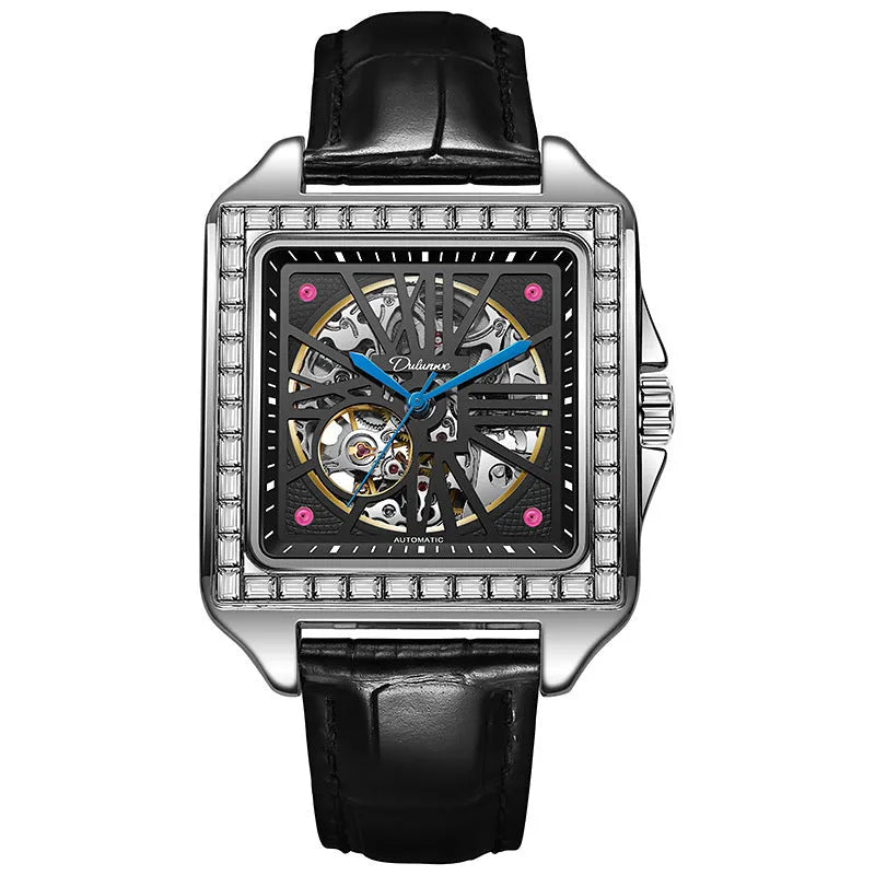 Men's automatic watch with square diamond-studded case and stainless steel bracelet