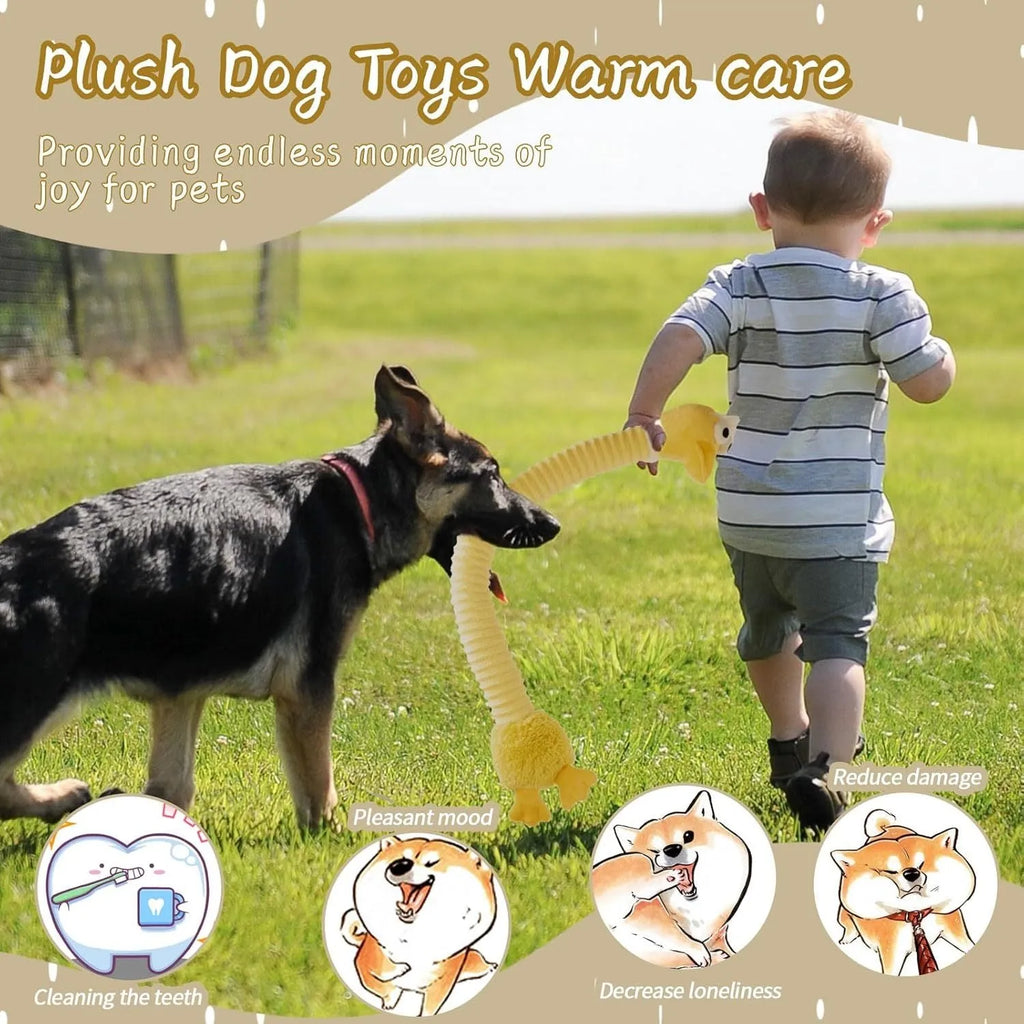 Foldable plush dog toy with squeaky and crinkle features in brown, grey and yellow colours