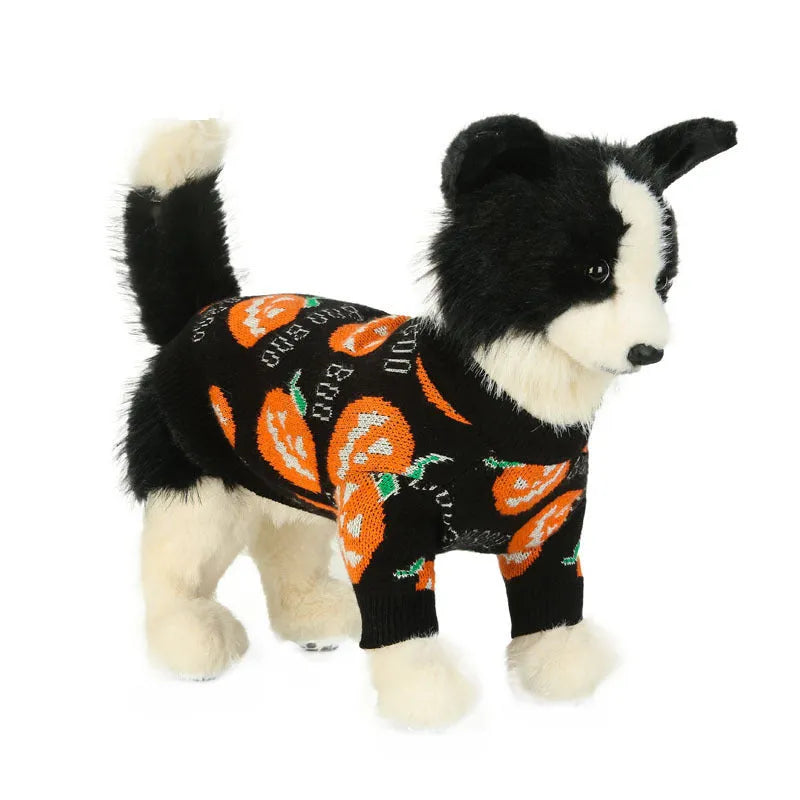 Black dog sweater with orange pumpkin pattern for Halloween, available in sizes S to XXL