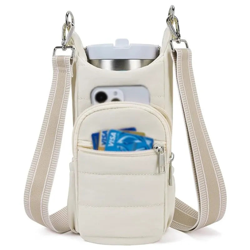 Cloth bicycle water bottle bag in black, pink and beige colours for kettle or bottle storage
