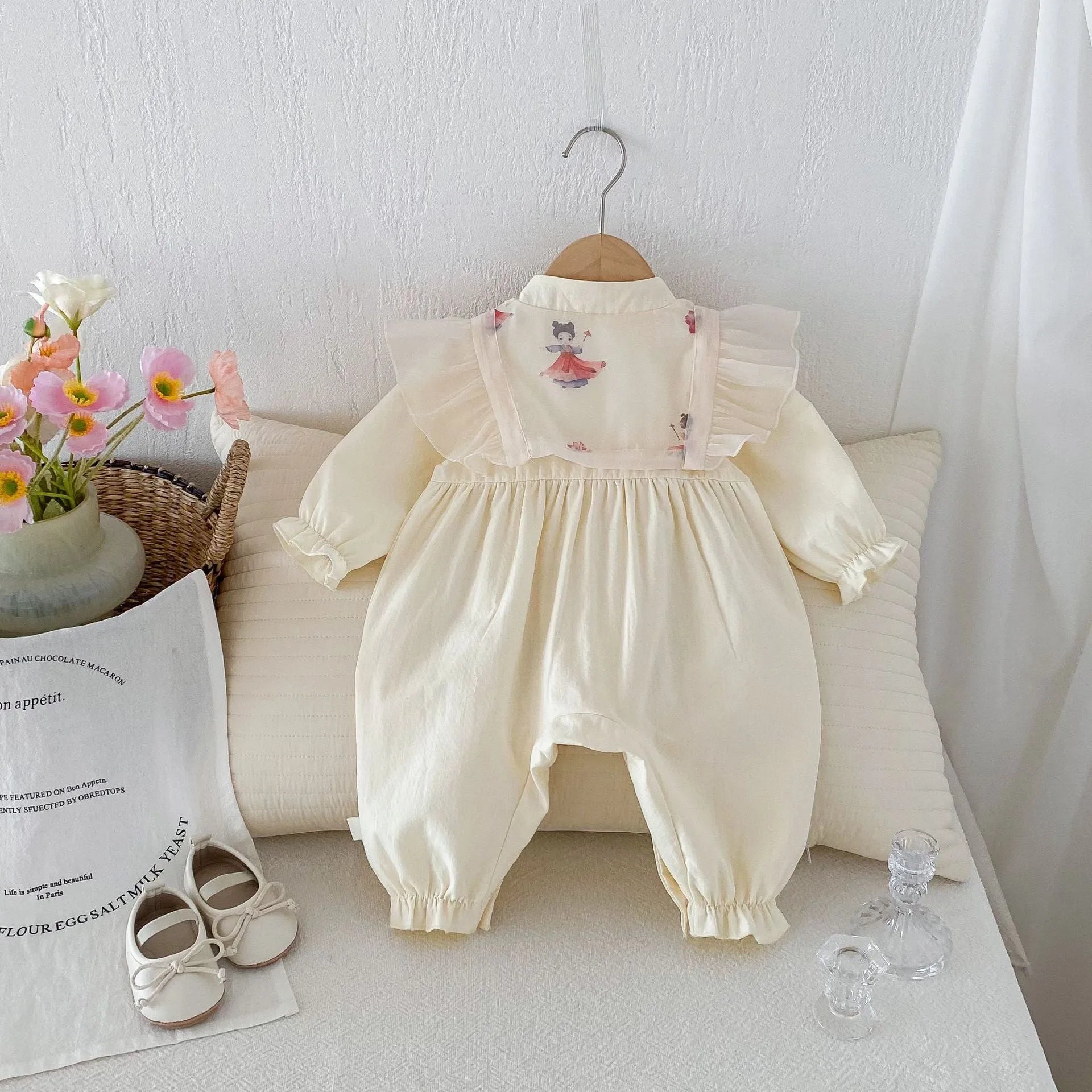 Baby cotton jumpsuit in apricot colour, long climbing style with pullover closure, suitable for heights 66cm to 100cm