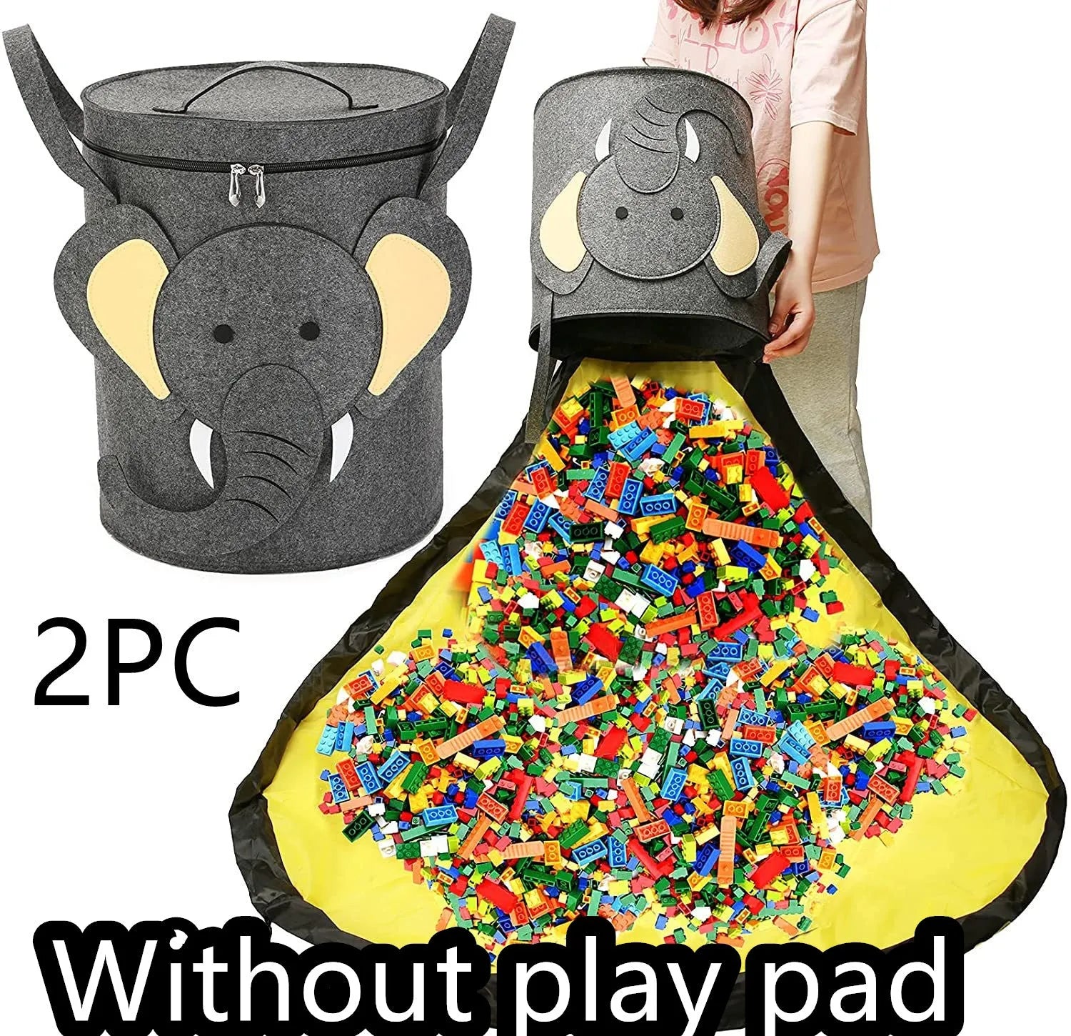 Green felt cube storage bag with pull rope, laid flat as a play mat for toys.