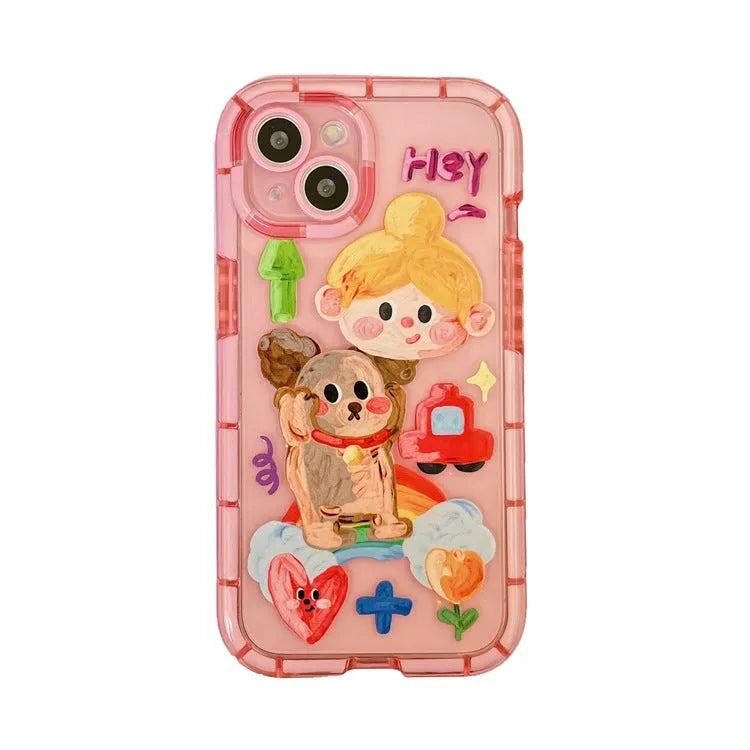 Cute oil painting dog phone case in pink with rainbow bear design for Apple iPhone