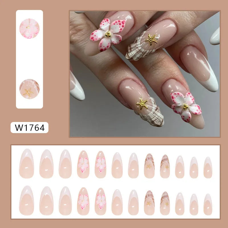 French style fake nails with rock pattern and simple flowers design in W1764 colour