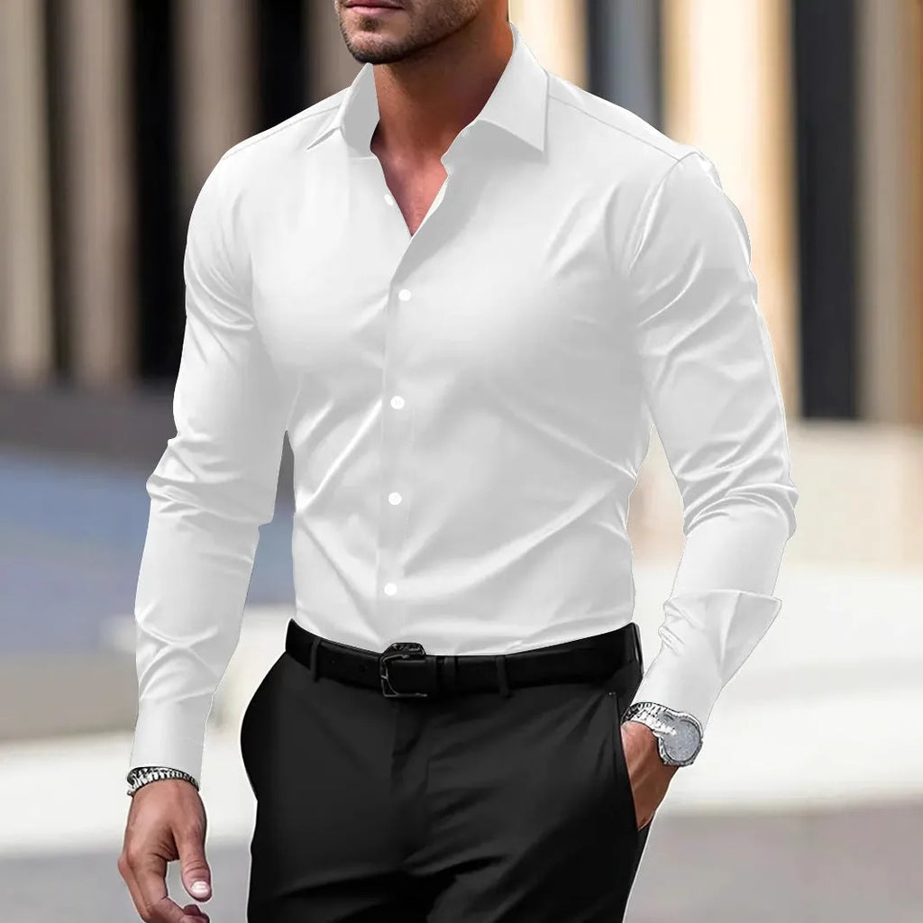 Men's long sleeve velvet button down business shirt in solid colour, summer casual vacation top